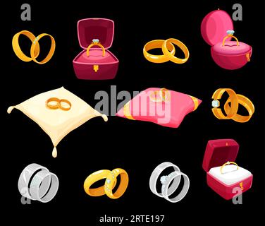 Golden rings in luxury boxes for wedding or engagement vector icons. Gold jewelry decorated with precious gemstones lying on soft pillow or red cases of square and round shape isolated cartoon set Stock Vector