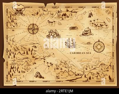 Old pirate map, vector worn parchment with jolly roger in tricorn, caribbean sea, islands and land, wind rose and cardinal points. Vintage grunge paper pirate map, adventure, treasure research game Stock Vector