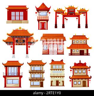 Chinese buildings, temples architecture. Traditional china town with pagoda and gate decorated with red paper festive lanterns. Ancient asian architectural structure, buildings facades exterior design Stock Vector