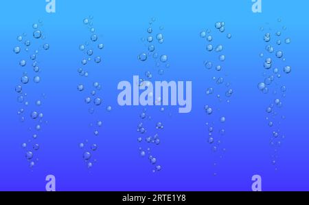 Bubbles of underwater fizzing air 3d vector. Realistic transparent bubbles of soda water or champagne, fizzy drink or effervescent beverage, oxygen streams of blue sea, ocean or aquarium pump Stock Vector