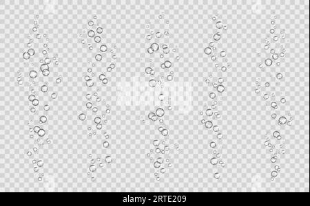 Soda bubbles, water or oxygen air fizz, vector dynamic aqua effervescent, rising up underwater fizzing, carbonated drink, mineral water elements isolated on transparent background, realistic 3d set Stock Vector