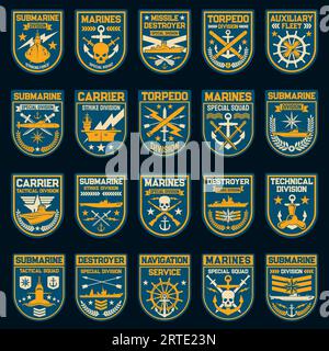 Navy or naval force vector patches and badges. Nautical anchor, submarine, military ship and helm, sword, skull and battleship, torpedo, strike missile and compass wind rose isolated insignias Stock Vector