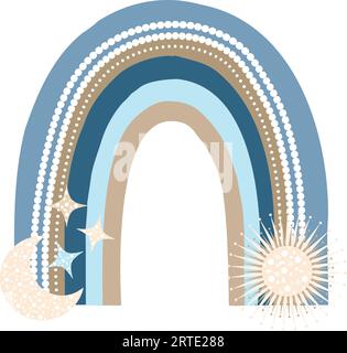 Baby rainbow in boho style. Cute vector illustration of moon stars sun in pastel colors. For children's poster design. Stock Vector