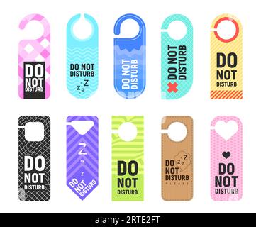 Do not disturb vector signs of door hanger, hotel room hanging card, tag or label templates. Door knob or handle cardboard signs with geometric pattern and warning messages, motel or resort design Stock Vector