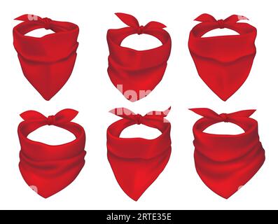 Red bandanas, face mask or neck scarfs mockup. Cowboy, bandit or protester masks, biker clothing element. Silk headband tied with knot, neckerchiefs with creases 3d realistic vector set Stock Vector