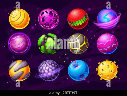 Alien life planets, fantasy space worlds cartoon icons. Colorful fantastic planets or asteroids with different surface, live core, lava and craters vector. User interface UI or GUI design elements set Stock Vector