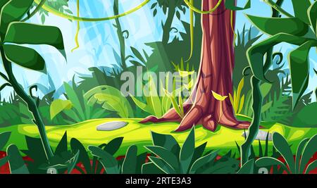 Cartoon game interface, vector forest background or jungle landscape, seamless parallax effect. Panorama with tropical plants, lianas and tree trunk with falling sunlight on green grass on ground Stock Vector