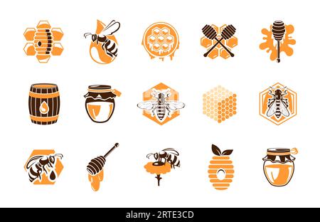 Beekeeping apiary icons, vector emblems with honey products and bees. Beehive honeycomb, wooden barrel and honey dipper with splash drops. Apiculture production and beekeeper tools isolated labels set Stock Vector