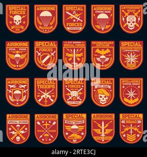 Military and army patches of special operation, air and airborne forces. Vector icons of skull, shield, airplane and parachute, rank, star and arrow, sword, wing, weapon and aircraft Stock Vector