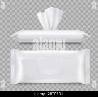 Wet wipes packaging, healthcare 3d vector mockup. Paper or fabric napkins, close and open blank packages with tissue wipes. Hygiene accessories isolated on transparent background, realistic mock up Stock Vector