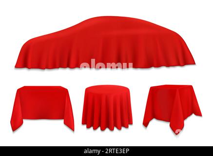 Red silk cloth covered objects, hanging napkin or tablecloth on car, square, round and rectangular tables. Vector pedestals with realistic folded fabric, new auto presentation, award isolated 3d set Stock Vector
