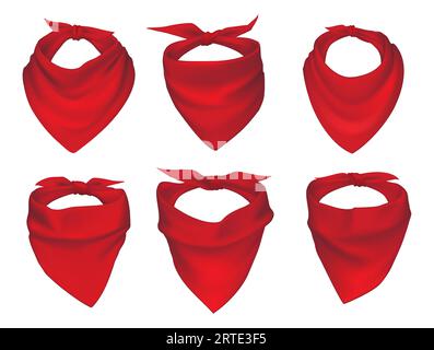 Red neck scarves, bandanas, neckerchiefs and handkerchiefs isolated vector set. 3d realistic silk accessories, kerchieves of cowboy, western bandit, pirate or biker with different knots and drapery Stock Vector