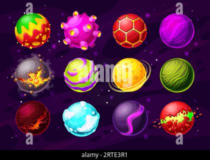 Space game fantasy planets with cartoon vector alien galaxy universe asteroids, craters and orbits, magic halo, stars and meteors, smoke, cracks and ice, magma and rings. Space game gui or ui design Stock Vector