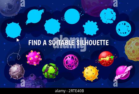 Galaxy space planets, find suitable silhouette, vector kids game or tabletop puzzle. Find and match silhouette, kids board game with fantasy galaxy space planets, cosmos asteroids and meteorites Stock Vector