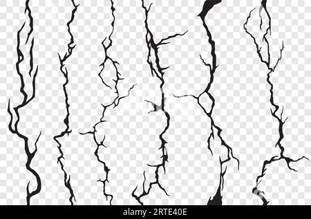Seamless cracks in the wall, plaster or ground, transparent background. Vector cracked or broken texture of stone, soil, marble or cement, grunge pattern with cracks, clefts, fissures and cracklets Stock Vector