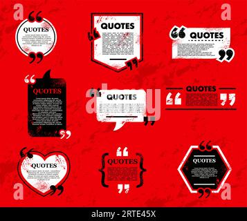 Quote bubble and box, chat message, comment and note quote icons. Vector grunge frames for text on red background. Blank templates for texting, book citing or newspaper info. Quotation borders set Stock Vector