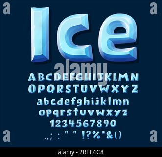 Cartoon blue ice crystal font type. Uppercase alphabet, digits and punctuation signs. Vector abc letters, winter frozen digits and symbols. Isolated ice font for game design Stock Vector