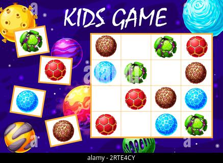 Cartoon galaxy and space planets sudoku maze game. Vector puzzle, kids riddle with alien planets on chequered cosmic board. Educational task, children sparetime boardgame teaser for baby playing Stock Vector