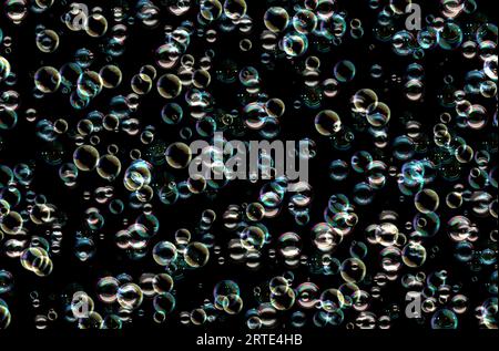 Many Colorful Soap Bubbles On A Black Background. Concept Texture Pattern. Stock Photo
