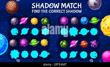 Galaxy space planets, find correct shadow kids game. Choose suitable silhouette vector matching riddle. Cartoon logic test for children with planets shades, worksheet task for education and learning Stock Vector