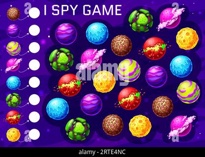 Cartoon space planets, kids I spy game riddle, vector find and match puzzle. Kids tabletop puzzle or I spy board game with space planets, cosmos asteroids and meteors of ice, fire lava and craters Stock Vector