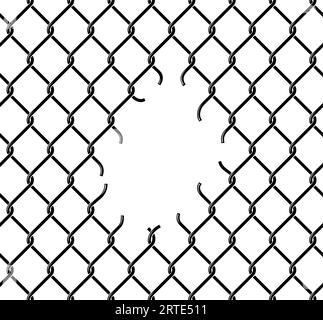 Rabitz chain-link, ripped fence mesh pattern, vector background. Iron metal wire fence or rabitz chain link net, with broken hole or break-in damage of cage, or prison and jail security barrier Stock Vector