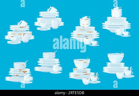 Dirty and clean restaurant dishes and tableware. Cartoon vector stacks of plates after and before washing, piles of cups, mugs, bowls, saucers and spoons with shining surface and stains Stock Vector