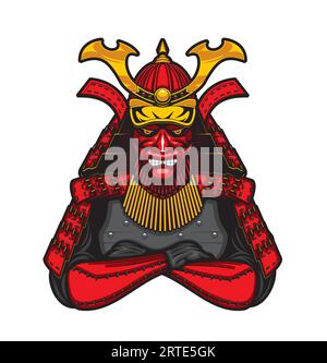 Japanese samurai warrior mascot or tattoo, isolated vector emblem with japan soldier in traditional red clothes, armor and helmet with gold decorative elements. Asian culture, shogun male character Stock Vector