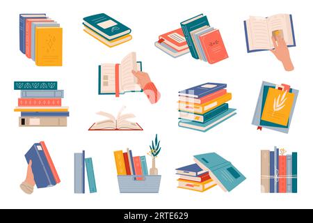 Book stacks. Flat style textbooks, novel books or diaries on shelf and tray. Bookstore, library or collage old books vector stacks or piles, human hands holding, opening and flipping notebook pages Stock Vector