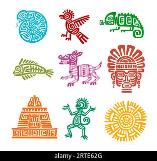 Mayan aztec totem of snake, eagle bird, fish and chameleon, monkey, dog and tiki mask, sun, Incas pyramid. Latin America or mexican history, traditional art or maya civilization vector ancient symbols Stock Vector