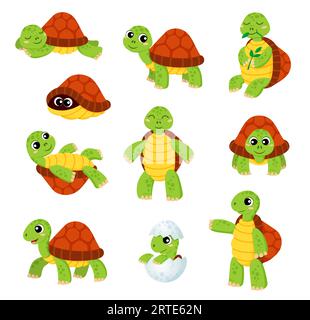 Cartoon turtle characters. Cute tortoise animal vector smiling personages set. Sleeping, eating leaves, hiding in shell funny turtle kids, funny tortoise newborn, baby reptile in egg Stock Vector