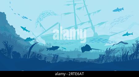 Underwater landscape, sea or ocean undersea with ship wrecks, vector silhouette background. Deep under water or undersea landscape with sunken shipwreck, fishes and seaweed of coral reef Stock Vector