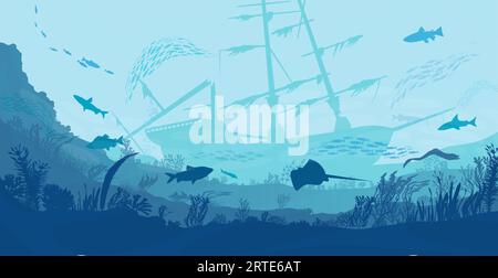 Underwater world background. Underwater landscape with sunken ship and ...