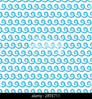 Waves pattern, sea water scallops and ocean wavy lines, vector seamless background. Blue curly wave stripes tile, nautical curly and spiral ripples of sea and ocean waves pattern Stock Vector