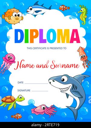 Kids diploma with underwater sea animals, education school or ...