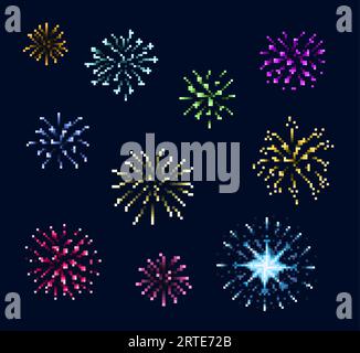Firework, pixel art fireworks of New Year or Christmas night party, carnival event or holiday celebration. Vector explosion of festive fireworks with colorful light flashes and fire sparkles Stock Vector