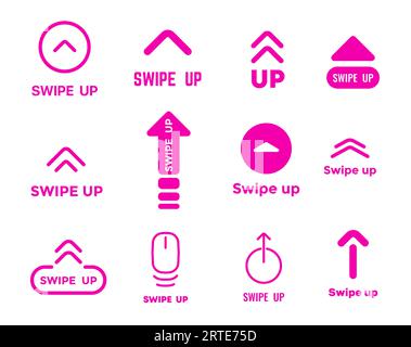Swipe up icons and signs, arrow buttons for scroll and drag for social media, vector symbols. Mobile application interface buttons to swipe up, red pink flat line arrows for UI and UX app Stock Vector