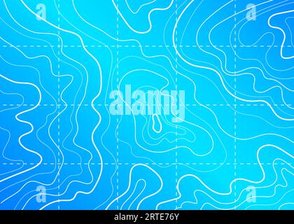 Sea and ocean contour topographic map on blue background, vector topography. Contour line pattern of abstract marine geography landscape with depth and stream route curves, latitude and longitude grid Stock Vector