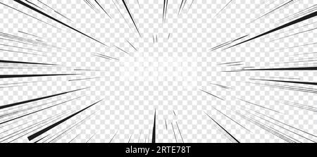 Manga speed lines, comic anime radial effect on transparent background, cartoon vector. Manga explosion, motion or movement action for comic book, burst flash rays frame for superhero bang effect Stock Vector