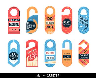 Do not disturb, room service hotel or motel signs. Vector door hangers, knob tags or handle cards with warning message, zzz sleep symbols, bed, pillow and moon. Do not disturb paper hangers set Stock Vector