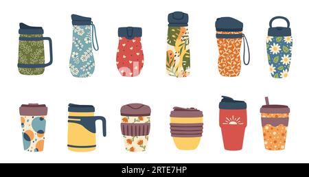 Reusable thermo mugs, tumbler bottles, travel coffee cups and thermos. Vector metal flasks for water and hot drinks, isolated stainless steel and plastic cups with insulated lids and drinking straw Stock Vector