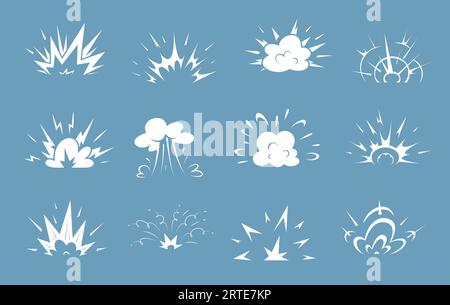 Cartoon bomb explosion, comic clouds with smoke. Vector blast, boom, bang or burst fire effect of exploded dynamite or nuclear bombs with energy flashes, dust splashes and smoke clouds Stock Vector