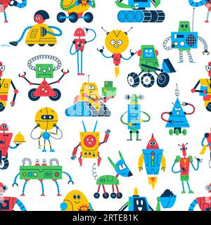 Cartoon robots seamless pattern. Vector background of cute robot toys, space monster machines, androids and cyborgs with funny faces, mechanical arms, manipulators and antennas. Retro bots pattern Stock Vector