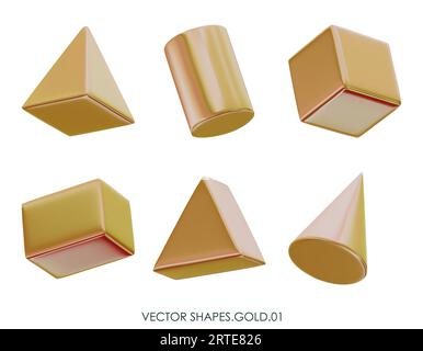 3D realistic render gold figures. Yellow metallic design objects. Vector decorative geometric shapes. Cube, cone, cylinder. Isolated on a white backgr Stock Vector