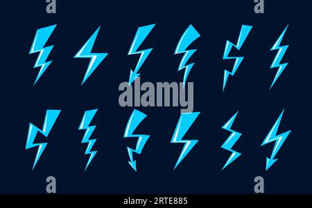 Cartoon blue lightning, flash, thunderbolt. Vector thunder bolts of blue light, electric energy, magical power or storm weather lightning strikes. Electrical discharges in shape of zigzag with arrow Stock Vector