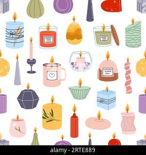 Aromatic spa and bathroom candles seamless pattern. Aromatherapy background of vector natural scented candles in glasses, jars and mugs, candlesticks with floral ornaments, dry herbs and flowers Stock Vector