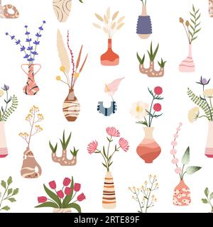 Scandinavian flower vases seamless pattern of vector hygge potteries, glass pots, bottles and jugs. Floral background with bouquets of garden flowers, plants and herbs, green leaves and dry blossom Stock Vector