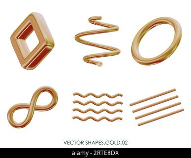 3D realistic render gold figures. Yellow metallic design objects. Vector decorative geometric shapes. Spiral, wavy lines, ring, torus, infinity symbol Stock Vector