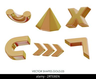 3D realistic render gold figures. Yellow metallic design objects. Vector decorative geometric shapes. Pyramid, Arrows, Cross, Half of torus. Isolated Stock Vector