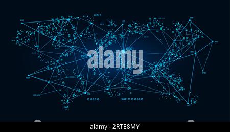 Big data technology vector background, global network, computer internet and digital information analysis concept. Abstract data cloud structure with connected dots and binary code Stock Vector